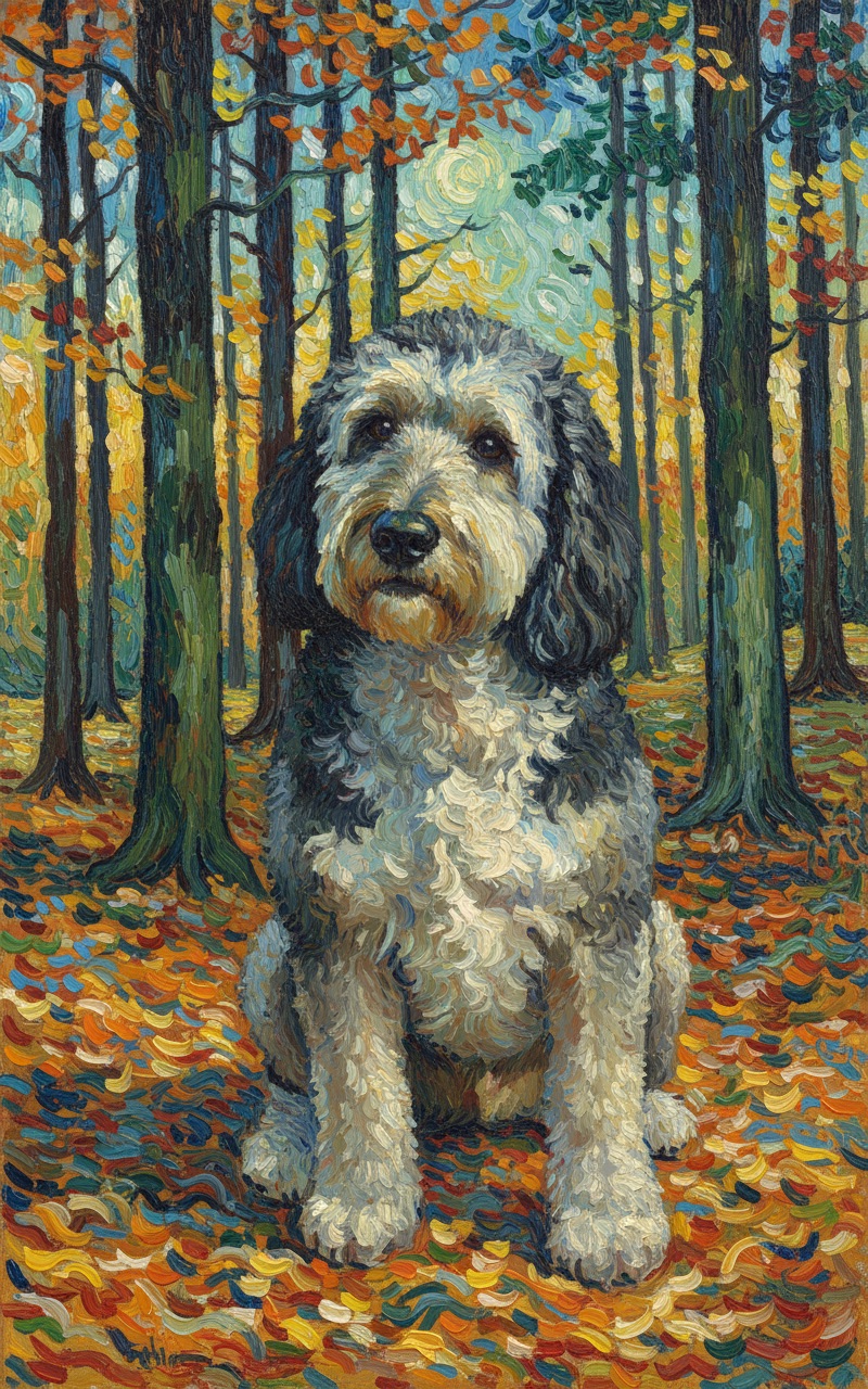A dog repainted in an autumn forest